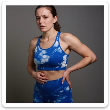 Realistic style image of a woman in sportswear inspired by the reference photo, showing pain in the left hip, with one hand on the left hip area and a pained expression, neutral background. sticker