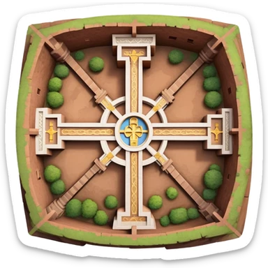 top-down cross view of the Church of Saint George in Lalibela, Ethiopia, iOS emoji style, emphasize cross-shaped roof, stone texture, simple colorful clear features sticker