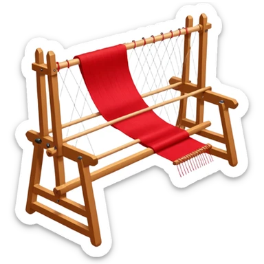 rigid heddle weaving loom set up for weaving a bright red scarf, with red yarn on a stick shuttle laying across the warp threads sticker
