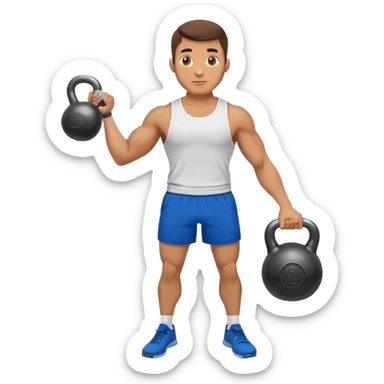 athletic man with blue shorts holding kettlebell sticker