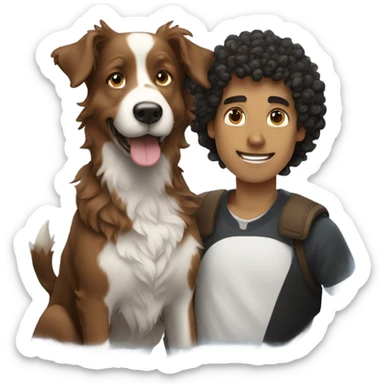 A curly-haired, fair-skinned man holding a Border Collie. sticker