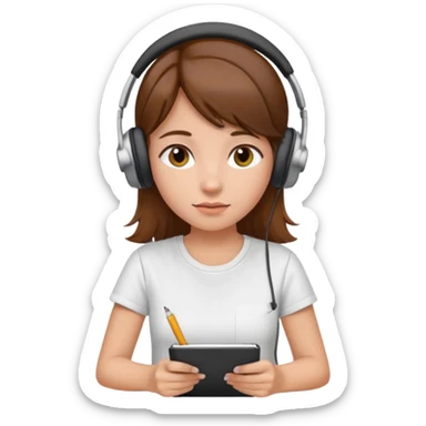 brown-haired girl wearing white t-shirt, headphones, writing in notebook, apple emoji style, no background, no text sticker