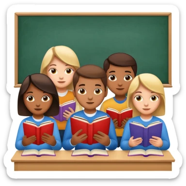 group of five students reading books in a classroom sticker