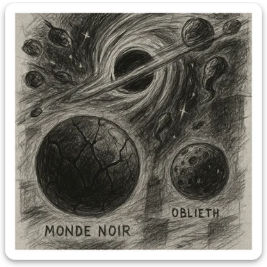 hand drawn map of dark back ward -“A dark cosmic region orbiting a massive black hole. No sunlight. A dead solar system with twisted planets and moons circling in silence. Monde Noir looms in the foreground — a cracked, obsidian planet with no atmosphere. Its moon, Oblieth, floats nearby, scarred and pitted, with faint green lights glowing from within cave openings. Stars are distorted and streaked by gravitational lensing. The entire scene is heavy, quiet, and surreal.” sticker