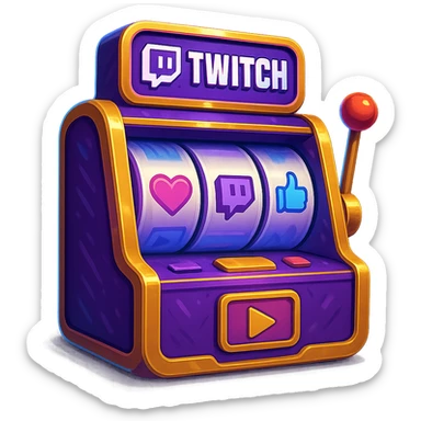 slot machine with spinning reels, Twitch streaming theme, vibrant colors, digital art style sticker