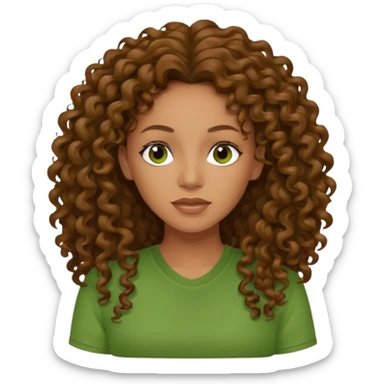 Melanie Brown with long brown curly hair, green shirt sticker