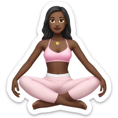 A white girl with brown eyes and black long hair,  is sitting in a lotus position in a pink bra top and short white skirts sticker