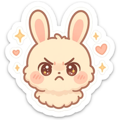 kawaii chibi-style bunny emoji with a round fluffy face, sparkly eyes, blushing cheeks, pastel color palette, angry mood, soft rounded design, anime-style, sparkles and hearts, vector art sticker