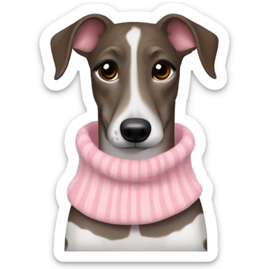 Brindle whippet brown red and black striped with large white spots on neck and stripe on face, wearing pink sweater sticker
