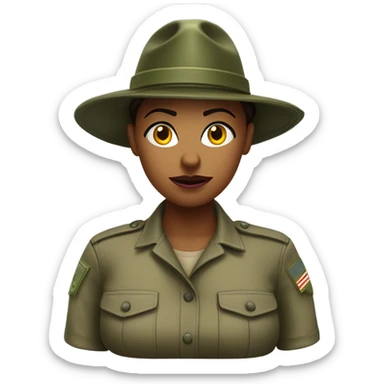 a female drill sergeant character wearing a classic sergeant hat and a camouflage army shirt. The character should have an angry intense expression. full torso sticker