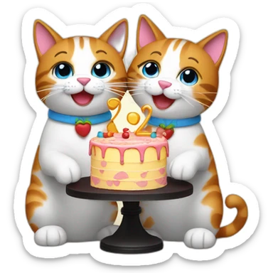 two cats celebrating their 9 year anniversary with a cake sticker