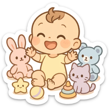 cute, playful emoji of a baby sitting joyfully among colorful pastel stuffed animals and soft toys, pastel color palette, warm and innocent, baby seated smiling, toys scattered around in cheerful pastel colors, emoji scale sticker