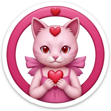 a pink cat who is doing this 🫰 and she has like red hearts around her head like a angel circle. the cat is going to have on a dark pink dress with a bow. sticker