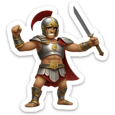 A triumphant gladiator, wearing a helmet and wielding a sword, making a "V" sign with his fingers to symbolize victory and success. sticker