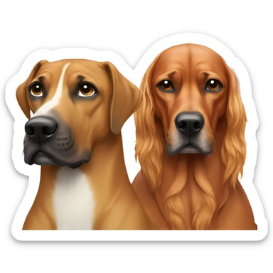 white man with long rainbow colored hair and twisted mustache next to a brown rhodesian ridgeback sticker