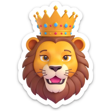 3D style lion head with a crown, cartoonish, friendly expression sticker