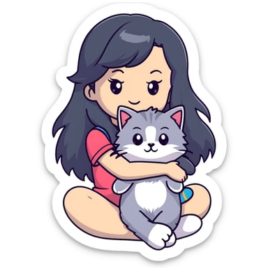 Girl with long black hair hugging a gray fluffy plush toy and a tricolor Maine Coon cat sticker