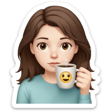 tired woman with dark circles under eyes holding a coffee cup, messy hair, soft pastel emoji style, calm neutral background sticker