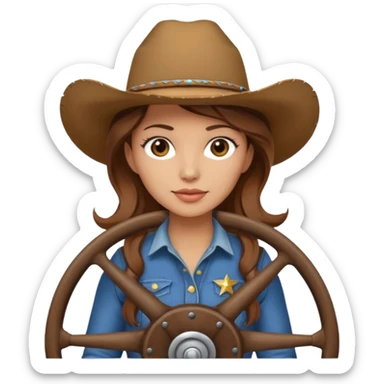 ["Light-skinned cowgirl, brown hair, wearing a cowboy hat, holding the wheel."] sticker