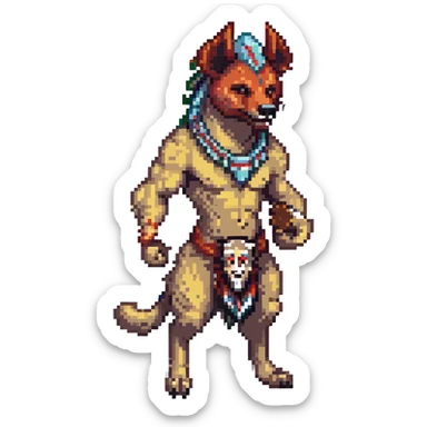 A native strong buff hyena with war bonnet flexing posing full body holding a chopped off human head by the hair  sticker