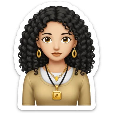 A tan girl with long black  curly hair, a gold necklace, and a square neckline shirt sticker