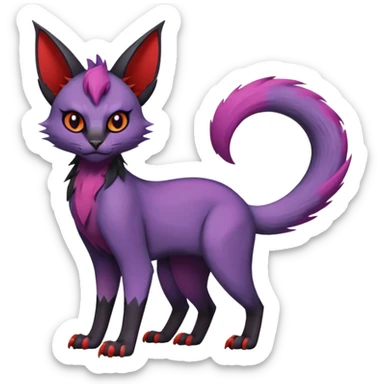 Black edgy Noivern-Noibat-Purloin-Torracat-Lykoi-Caracal-cat-Fakemon-fusion-hybrid-creature with violet and red scale markings sticker