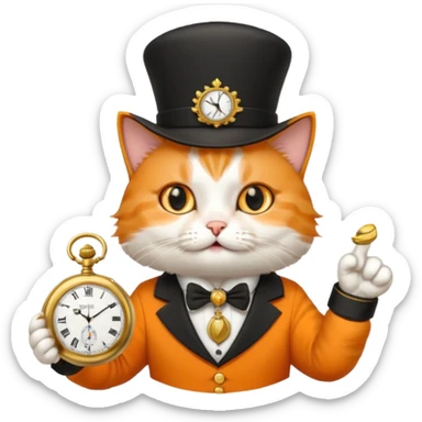 cat pointing at a pocket watch wearing a hat sticker