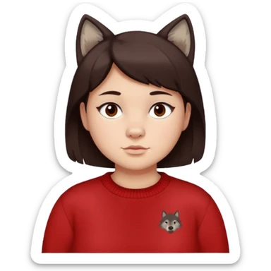 make a girl that has a boyish wolf cut thats right above the shoulders, give her a red sweater that says “ About you, the 1975 “ and make her face just right chubby but slso not too chubby. ( make it a white background and make the hair dark brown and also the eyes dark brown ) sticker