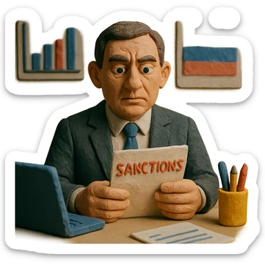 Russian Ministry of Finance employee dealing with sanctions, textured look, professional attire, focused expression, office environment with financial charts, subtle Russian flag sticker