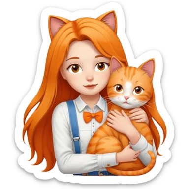 White girl - long hair - white suspenders - hugging - a orange cat sticker