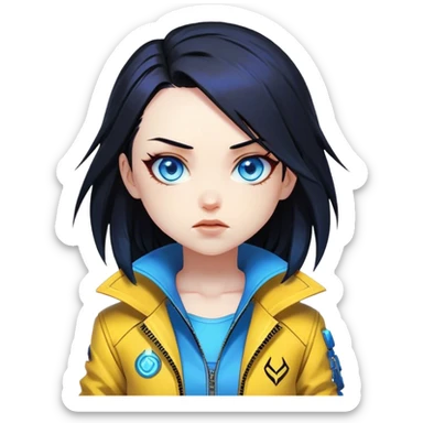 Long Black hair cyberpunk 2077 chibi girl with blazing blue eyes and yellow jacket from the animation show cyberpunk edge runners. All emotion reactions sticker