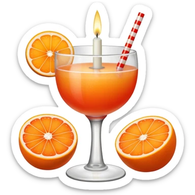 An orange grapefruit, with a horizontal red stripe around the middle. 4 vertical cocktail sticks in the orange with small pieces of candy on the sticks. On top of the orange a small white lit candle. sticker