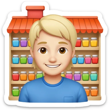  2D line-drawn character + small bright shop sticker