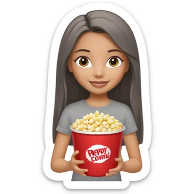 a pretty bratz dusky girl with long straight hair with popcorn nd wearing a grey tshirt sticker