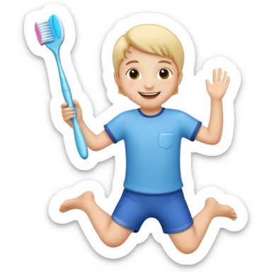 Creat an emoji for kid jumping and holding toothbrush sticker