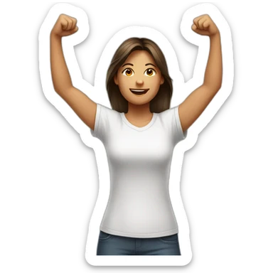 female in white t-shirt with both fists stretched high in victory sticker