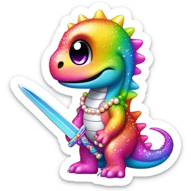 Lisa frank glitter rainbow cute dinosaur with sword and pearls sticker