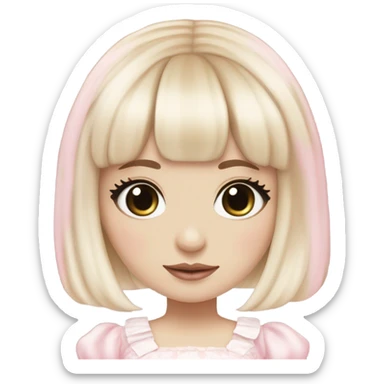 pale girl , who has straight hair blonde and baby pink swirled hair with bangs , grey eyes , and doll like makeup , in a light pink lolita hime gyaru dress  sticker