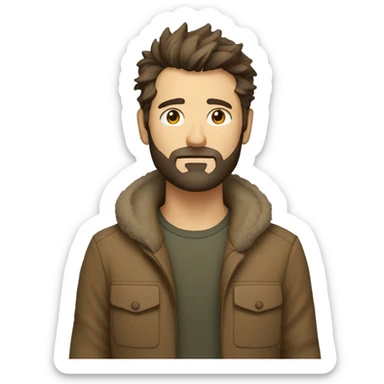 Seeious looking man with short straigh, messy hair and scruffy beard. He looks tired. Wears a brown jacket, no tie. sticker