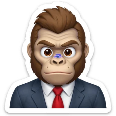 Brown haired cartoon gorilla with tufted tip of hair on the top of his head, light skin tone, heavy brows and cartoony eyes, he is a strong ape with and a red tie x💪🦍 sticker
