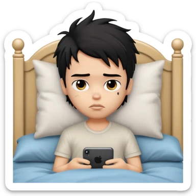 a PRETTY BRATZ boy with black messy hair, in bed, looking sad sticker