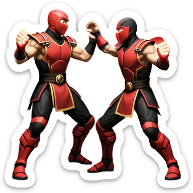 An icon showing two fighters in dynamic combat poses, inspired by Mortal Kombat. One character delivers a powerful kick, while the other blocks or counters. The background features a dark arena with glowing effects, symbolizing intense battles. Transparent background. sticker