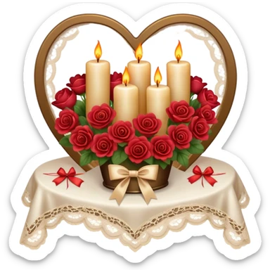 A luxurious evening setting featuring heart-shaped candles, a bouquet of warm-toned flowers, and a silk bow draped over a lace tablecloth.
 sticker