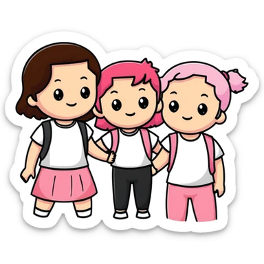 a black girl with dark brown hair next to a white girl with pink hair and a white girl with brown hair sticker