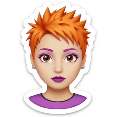 A person emoji with light skin, short spiky orange hair swept to one side, matching pink eyebrows, brown eyes, an oval-shaped face, a small nose, and dark lipstick. sticker