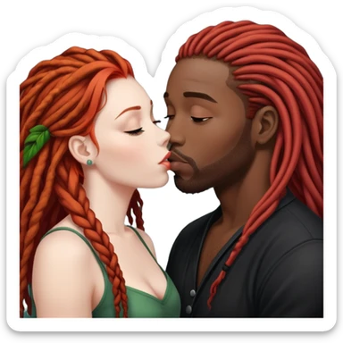 Mulher ruiva, pele branca, beijando um homem negro, com dreads nos cabelos sticker