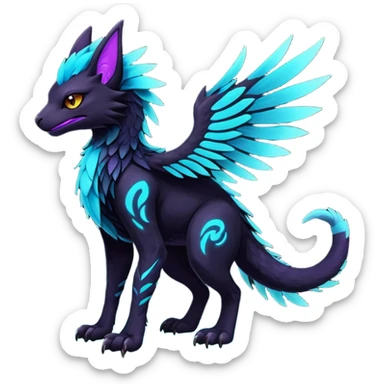 Black Dark Exotic Black, Cyan, Purple, Beaked Feathery Nocturnal Neon-glowing Abyssal Nightly Abyss-Cat-Gryphon-Salandit-Nargacuga-Silvally-Vernid-Sergal-Fakémon-Hybrid-Creature (full body) sticker