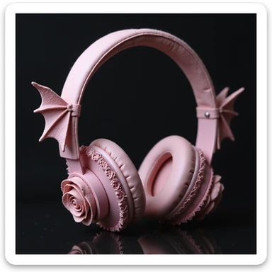 realistic pink gothic headphones with bat wing details, lace trim, and dark roses, photorealistic style sticker