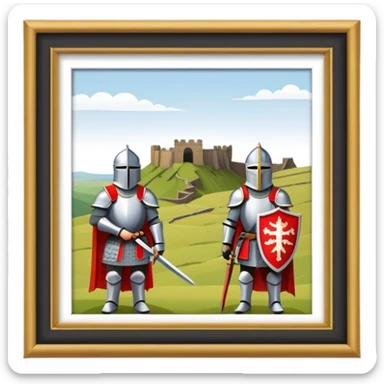  historical reenactment scene with knights in armor standing near Hadrian's Wall, emphasizing the division between Scotland and England. sticker