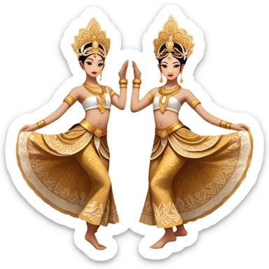 ​Cinematic Realistic Traditional Javanese Dancers, depicted as two graceful dancers in ornate traditional costumes with intricate batik patterns and elaborate headpieces, captured in dynamic poses during a ritual dance in an ancient temple courtyard, rendered with soft golden lighting and rich cultural textures, sticker